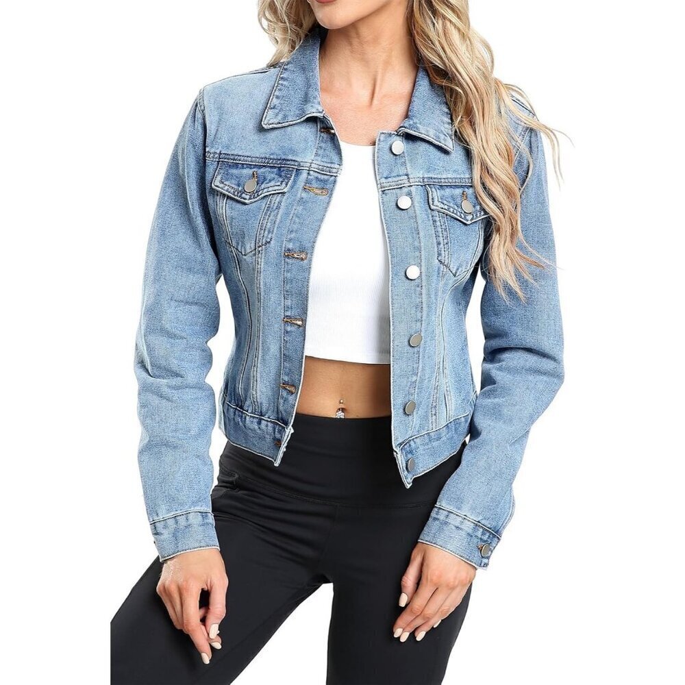 Women's Denim Jackets Crop Long Sleeve Button Down Crop Jean with Pockets Blue